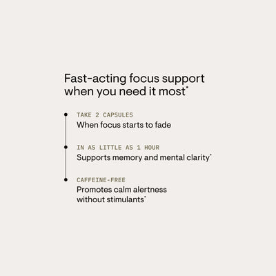Thorne Clear Focus 60 Capsules graphic listing fast-acting, caffeine-free focus support benefits and usage directions