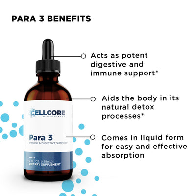 CellCore Biosciences Para 3 immune and digestive support 2 fl oz brown dropper bottle with white and blue label and benefits text