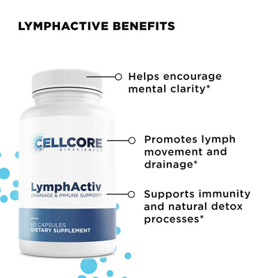 CellCore Biosciences LymphActiv bottle front showing lymphatic support benefits and detox, immunity, and mental clarity claims