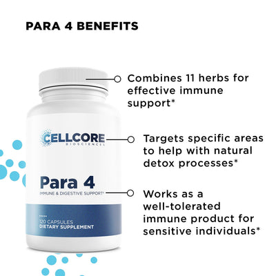 CellCore Biosciences Para 4 immune and digestive support 120-capsule bottle with key detox and immune benefits highlighted