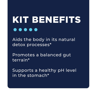 CellCore Biosciences Stomach Support Bundle benefits text highlighting detox, balanced gut terrain, and healthy stomach pH