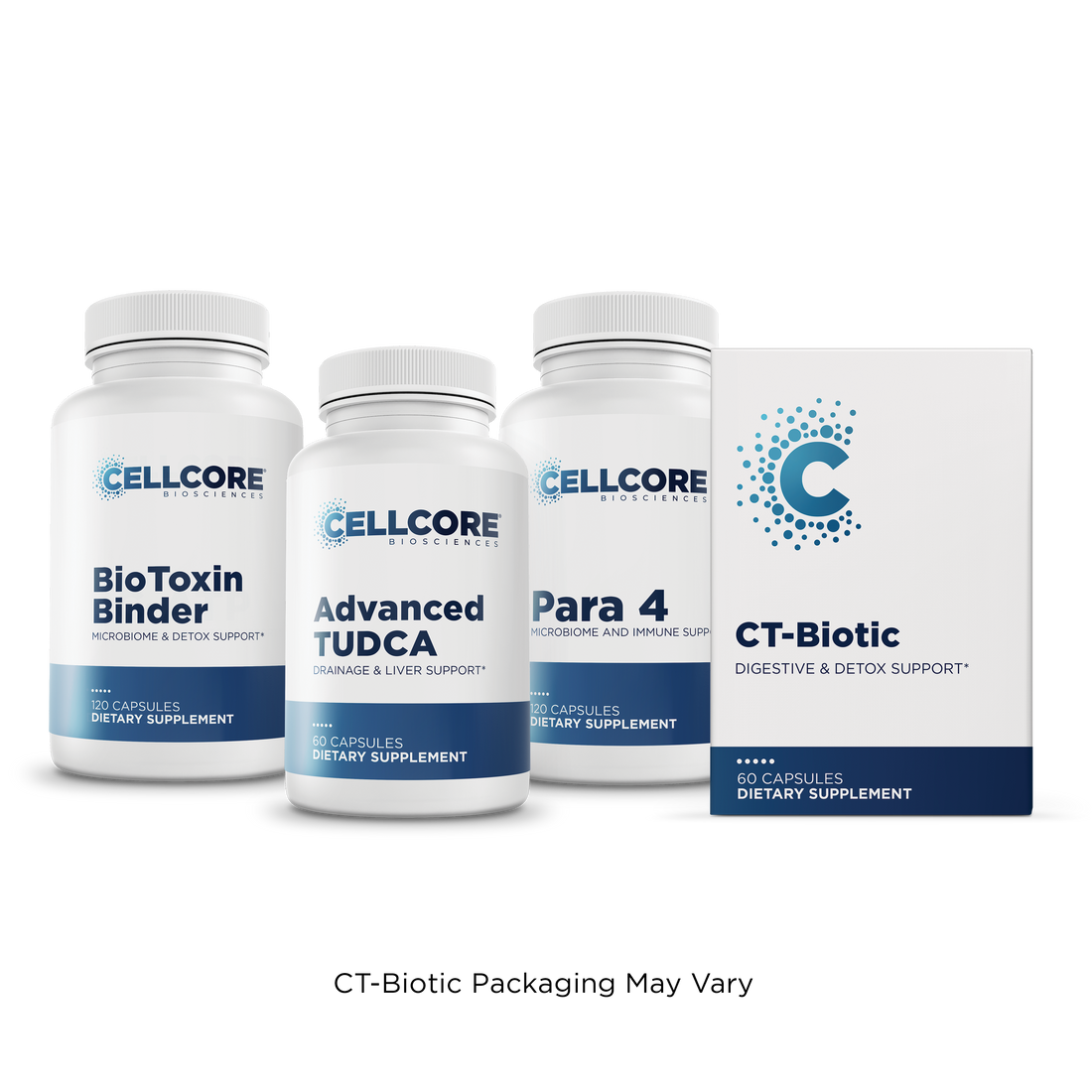 CellCore Biosciences Stomach Support Bundle with BioToxin Binder, Advanced TUDCA, Para 4, and CT-Biotic capsule bottles front.