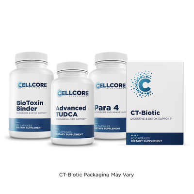 CellCore Biosciences Stomach Support Bundle with BioToxin Binder, Advanced TUDCA, Para 4, and CT-Biotic capsule bottles front.