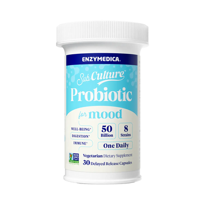 Enzymedica SubCulture Probiotic for Mood bottle front, 30 vegetarian delayed-release capsules, blue and white label