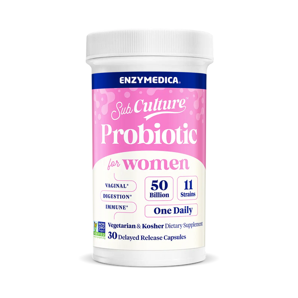 Enzymedica SubCulture Probiotic for Women bottle front, 30 delayed release capsules in pink and white packaging.