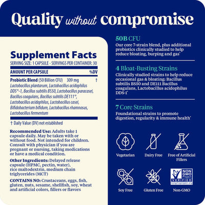 Enzymedica SubCulture Probiotic for Bloat 30 capsules Supplement Facts panel and key benefits on blue and cream label