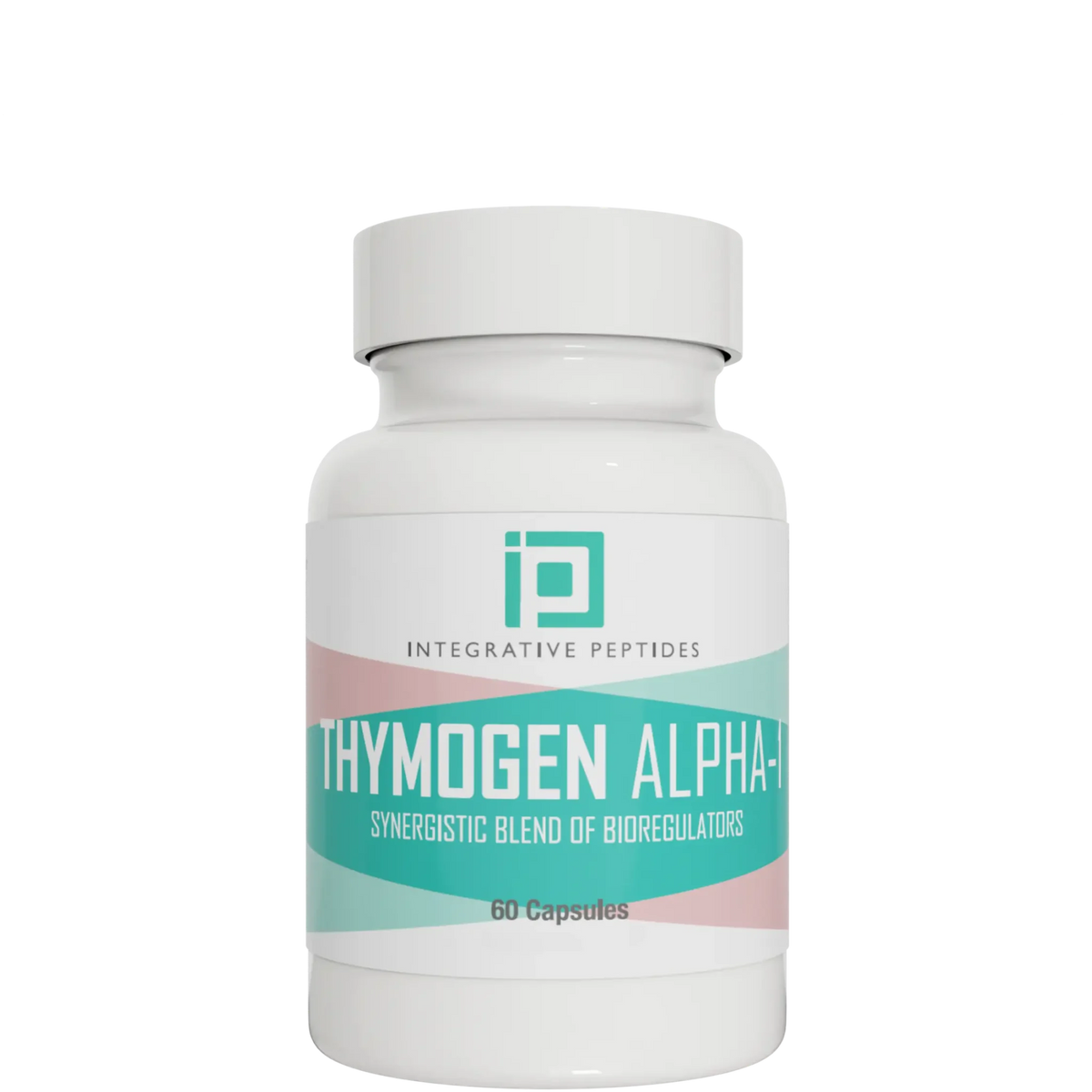 Integrative Peptides Thymogen Alpha-1 60 Capsules bottle with teal, white, and pink front label displayed.