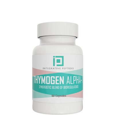 Integrative Peptides Thymogen Alpha-1 60 Capsules bottle with teal, white, and pink front label displayed.