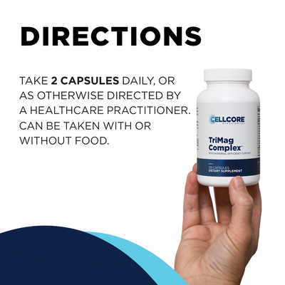 Hand holding a CellCore Biosciences TriMag Complex 120-capsule bottle next to text directions for capsule use.