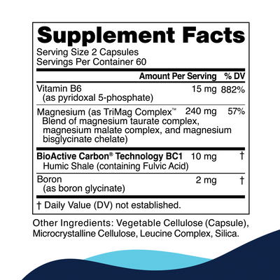 CellCore Biosciences TriMag Complex 120 Capsules supplement facts panel listing vitamins, magnesium blend, boron, and other ingredients