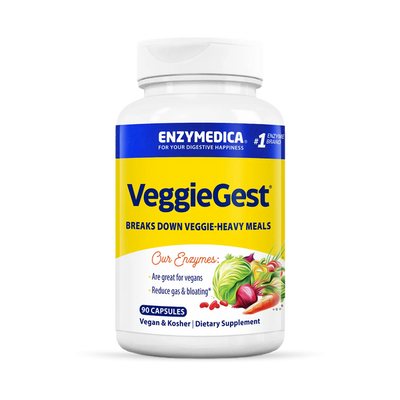 Enzymedica VeggieGest 90 Capsules bottle front showing yellow and white label with veggie graphics and digestive support claims
