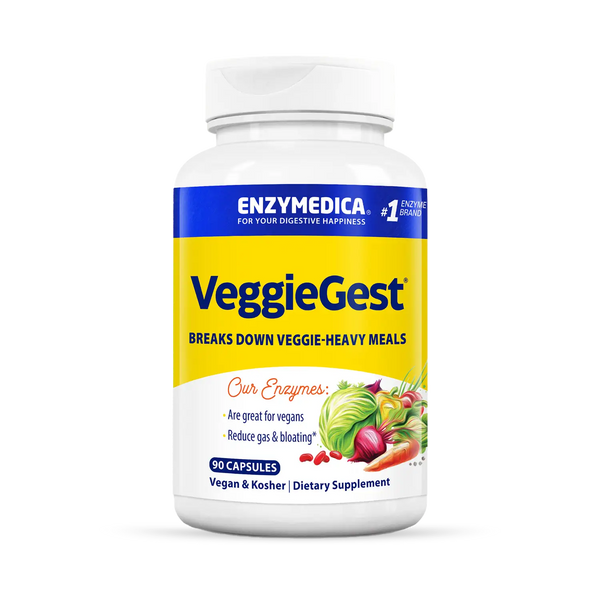Enzymedica VeggieGest 90 Capsules bottle front showing yellow and white label with veggie graphics and digestive support claims