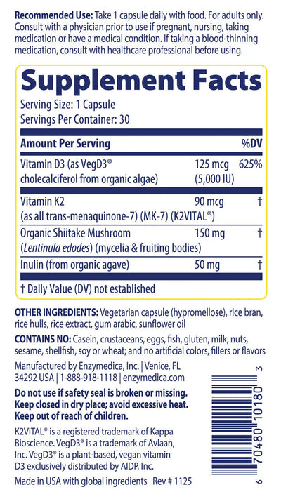 Enzymedica Vitamin D3 + Vitamin K2 30 Capsules supplement facts label showing dosages and additional ingredients.