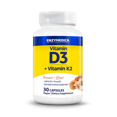 Enzymedica Vitamin D3 + Vitamin K2 30 Capsules bottle front, yellow and white label with shiitake mushroom graphic.