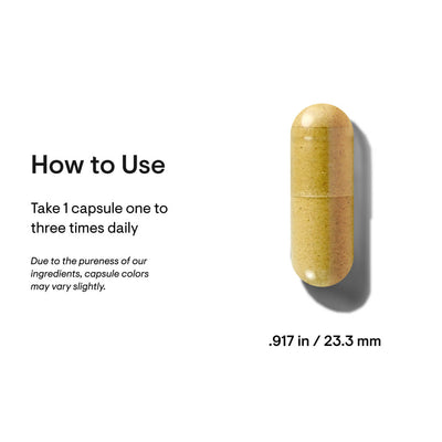 Thorne Basic B Complex single tan capsule with usage directions and size measurement text on a white background
