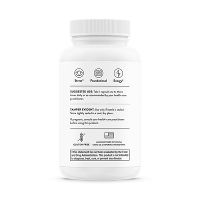 Thorne Basic B Complex 60 Capsules bottle back showing usage directions, benefits icons, and gluten-free label