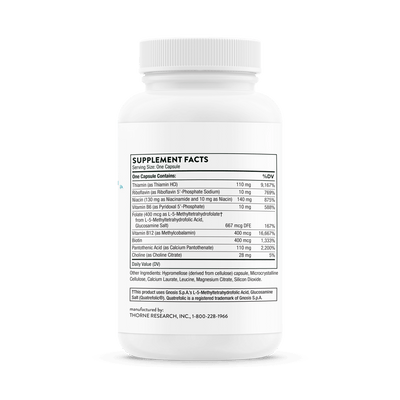 Thorne Basic B Complex 60 Capsules, bottle back showing full supplement facts and ingredient list on white label