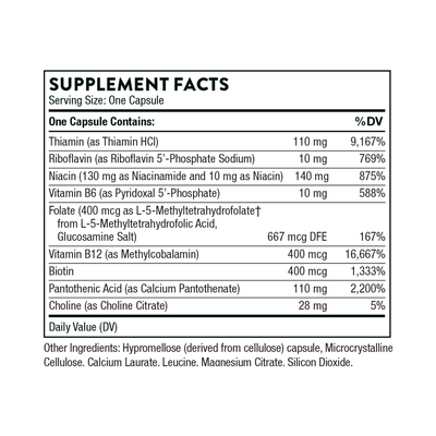 Thorne Basic B Complex 60 Capsules supplement facts label showing B vitamin forms, amounts, and daily value percentages