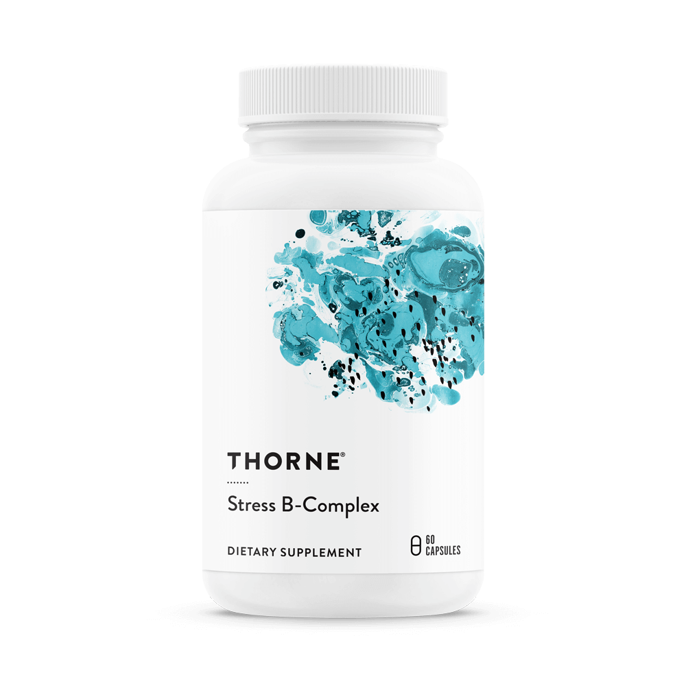 Thorne Stress B-Complex 60 Capsules bottle front with white label and teal abstract design