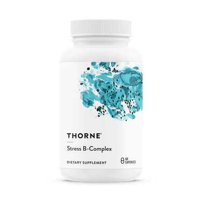 Thorne Stress B-Complex 60 Capsules bottle front with white label and teal abstract design
