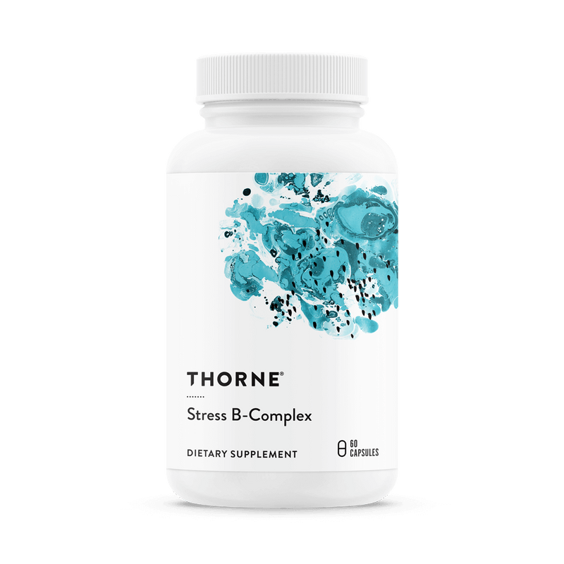 Thorne Stress B-Complex 60 Capsules bottle front with white label and teal abstract design