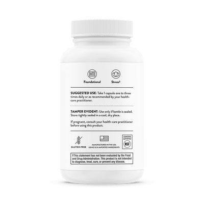 Thorne Stress B-Complex 60 Capsules bottle back showing usage directions, safety warnings, and certification icons