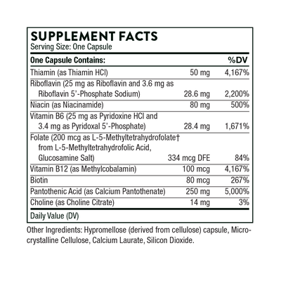 Thorne Stress B-Complex 60 Capsules supplement facts label showing B-vitamin doses and daily value percentages