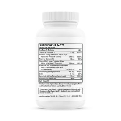 Thorne Stress B-Complex 60 Capsules bottle back showing supplement facts label and ingredients list