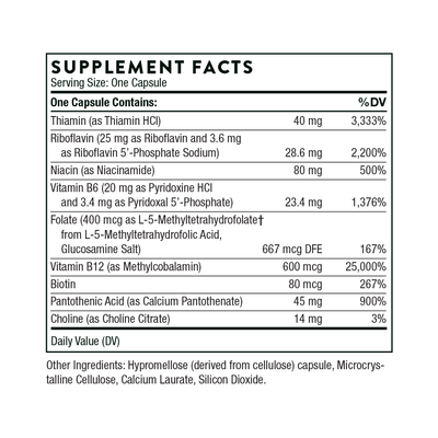 Thorne B-Complex #12 60 Capsules supplement facts label listing B vitamins, choline, and other ingredient amounts and %DV