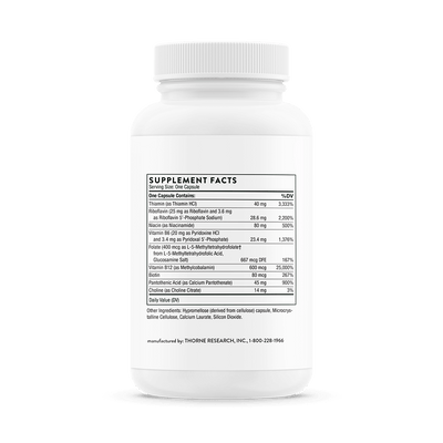 Thorne B-Complex #12 60 Capsules bottle back showing supplement facts and ingredient list on white label