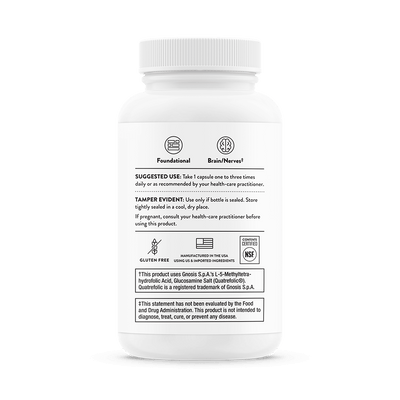 Thorne B-Complex #12 60 Capsules bottle back label showing usage directions, certifications, and product details.