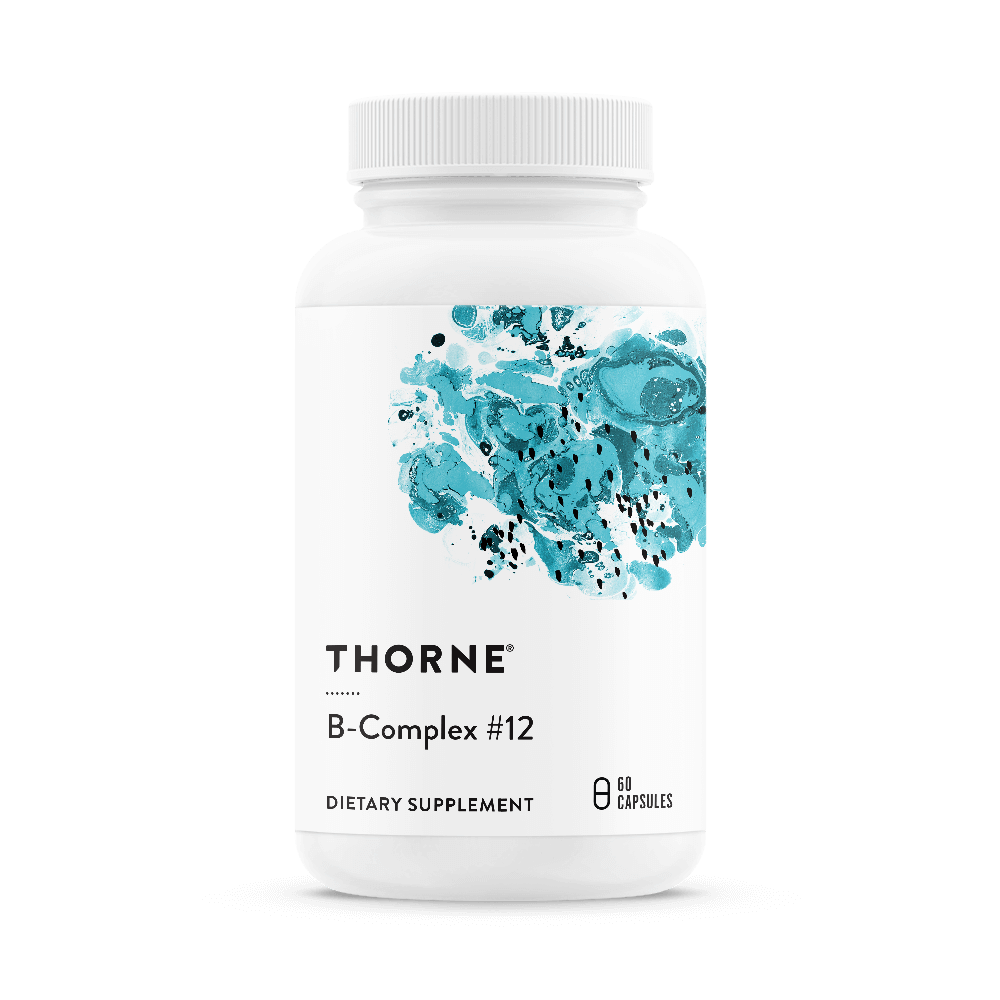 Thorne B-Complex #12 60 capsules bottle front with teal abstract design on a white label