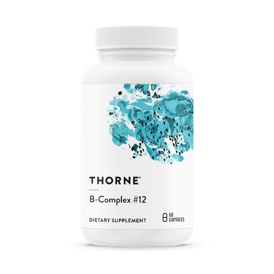 Thorne B-Complex #12 60 capsules bottle front with teal abstract design on a white label