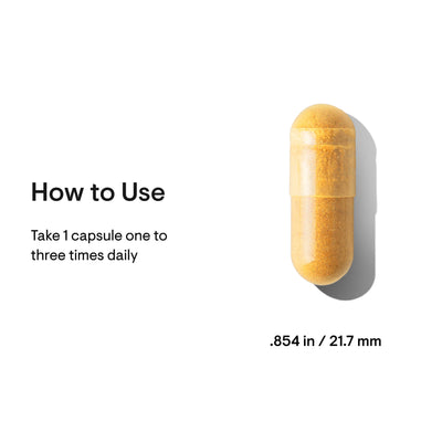 Thorne B-Complex #12 single golden capsule close-up with usage directions and capsule size shown on white background