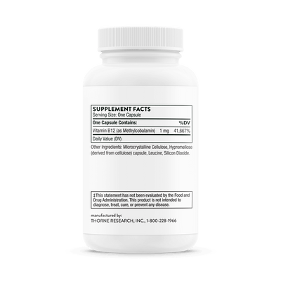 Back view of Thorne Vitamin B12 (as Methylcobalamin) 60-capsule bottle showing supplement facts and ingredients label.