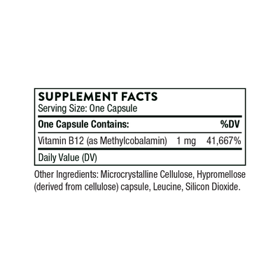 Thorne Vitamin B12 (as Methylcobalamin) 60 capsules supplement facts panel showing 1 mg B12 per serving and other ingredients