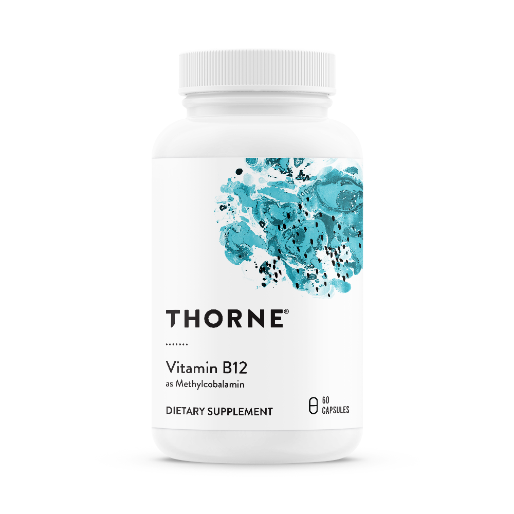 Thorne Vitamin B12 (as Methylcobalamin) 60 capsules in a white bottle with teal abstract artwork on the label