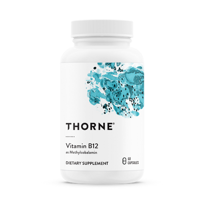 Thorne Vitamin B12 (as Methylcobalamin) 60 capsules in a white bottle with teal abstract artwork on the label