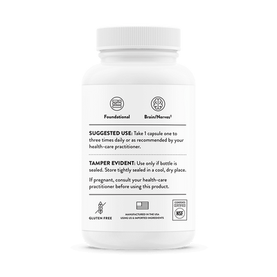 Thorne Vitamin B12 (as Methylcobalamin) 60 capsules bottle back showing usage directions and gluten-free, NSF-certified icons