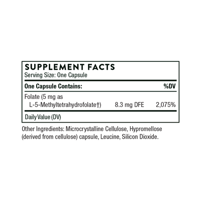 Thorne 5-MTHF 60 Capsules supplement facts label showing folate (L-5-Methyltetrahydrofolate) dosage and other ingredients