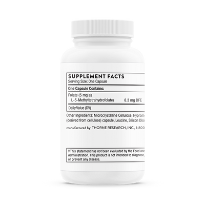 Thorne 5-MTHF 60 Capsules bottle back showing supplement facts and ingredient list on white label