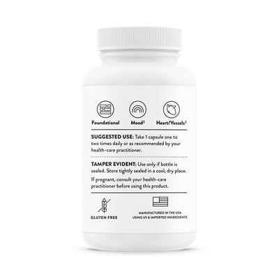 Thorne 5-MTHF 60 Capsules bottle back showing usage directions, gluten free icon, and manufacturing details on white label