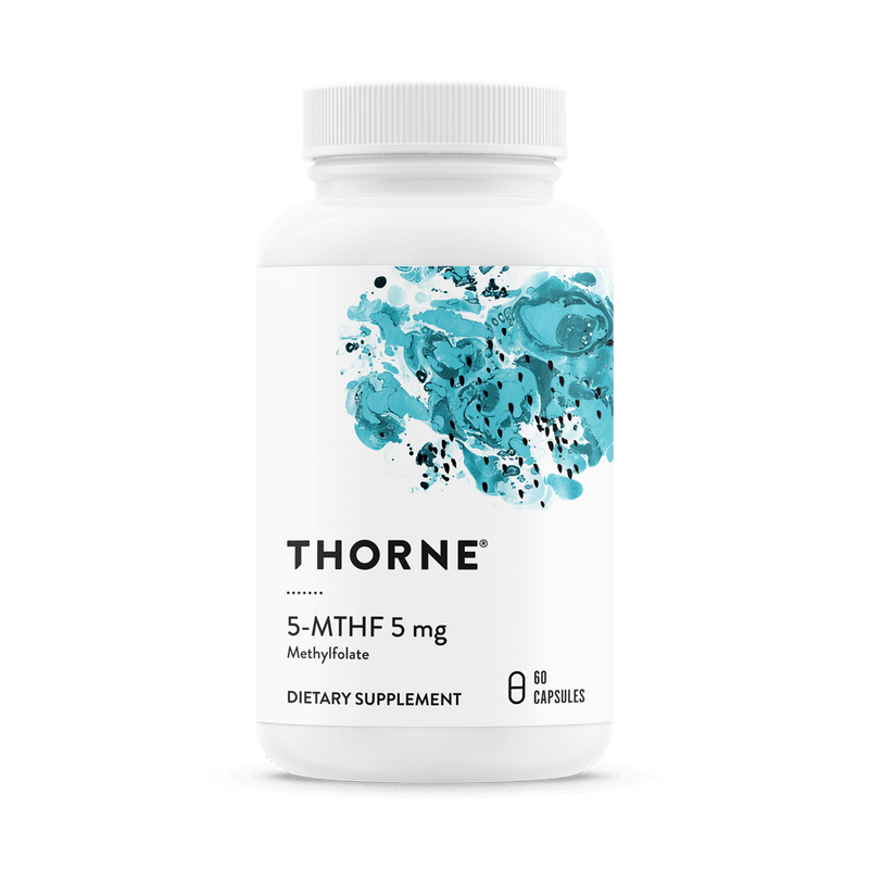 Thorne 5-MTHF 5 mg methylfolate 60 capsules bottle with teal abstract design on white label