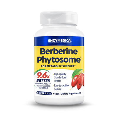 Enzymedica Berberine Phytosome 60 Capsules bottle front, yellow and blue label with metabolic support and berry graphic