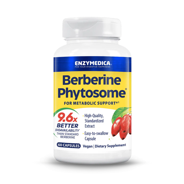 Enzymedica Berberine Phytosome 60 Capsules bottle front, yellow and blue label with metabolic support and berry graphic