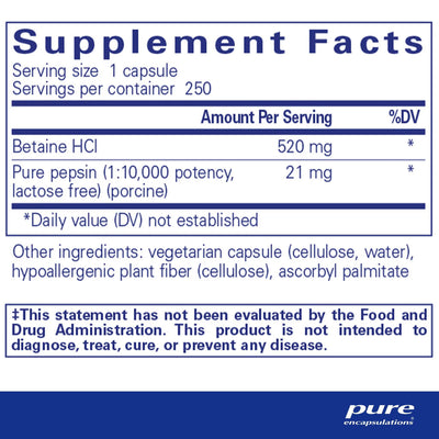 Pure Encapsulations Betaine HCl Pepsin – Stomach Acid and Protein Digestion, 250 Capsules