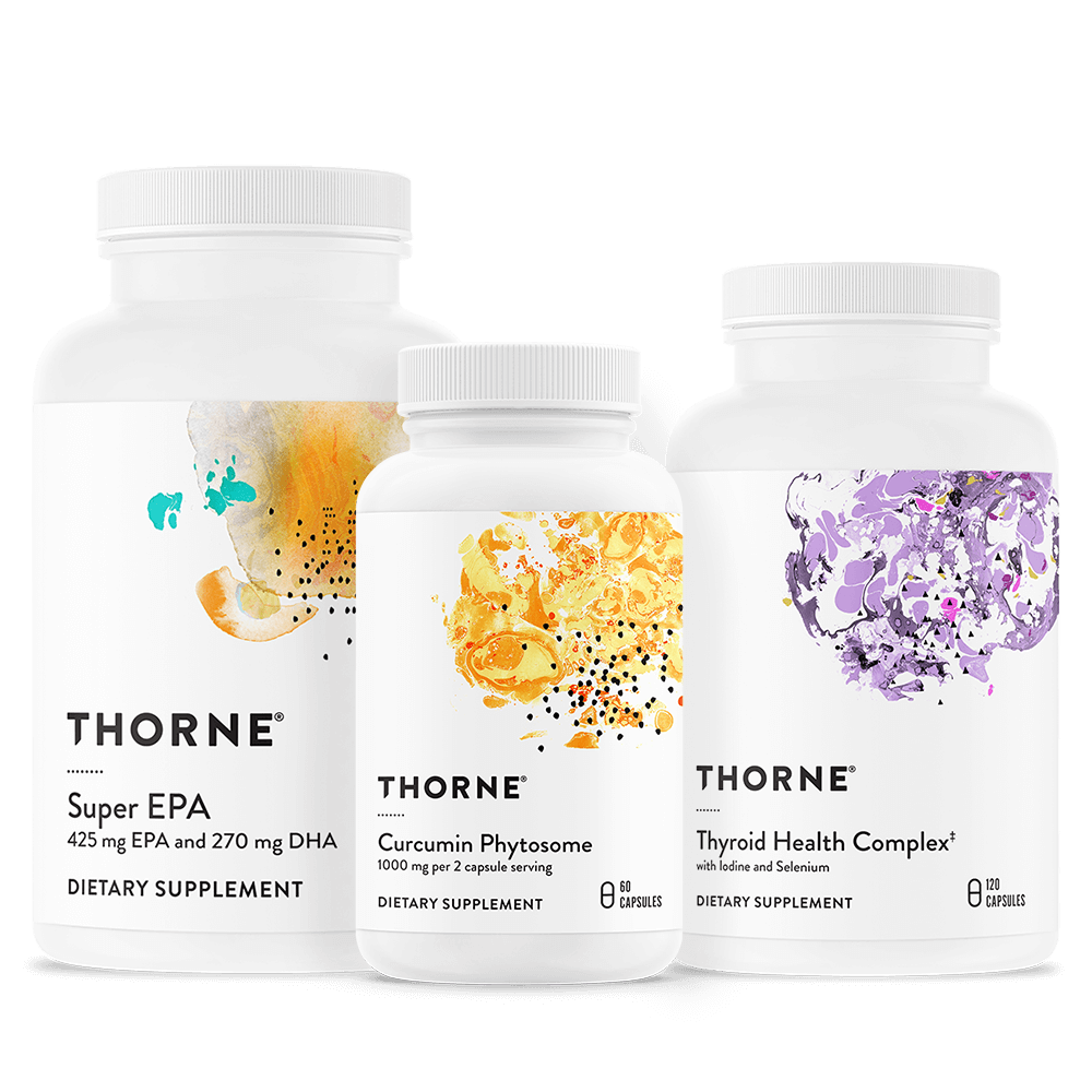 Thorne Thyroid Health Bundle with three white supplement bottles featuring colorful abstract labels and front-facing text
