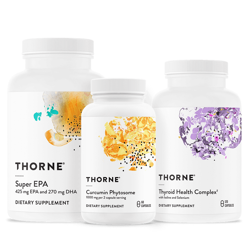 Thorne Thyroid Health Bundle with three white supplement bottles featuring colorful abstract labels and front-facing text