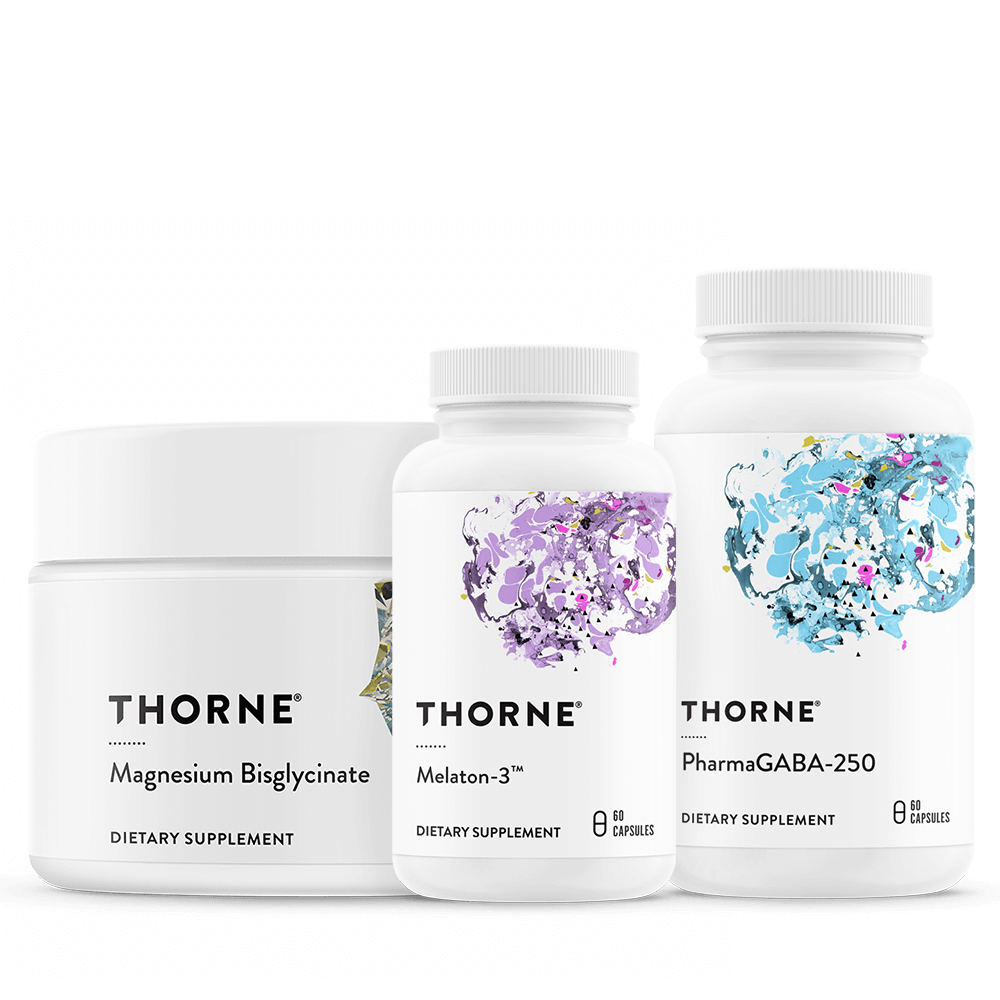 Thorne Sleep Bundle supplements with Magnesium Bisglycinate, Melaton-3, and PharmaGABA-250 in white bottles with colorful labels