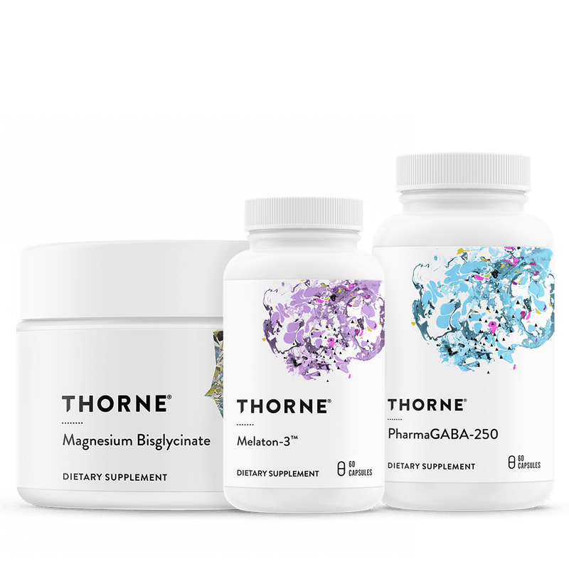 Thorne Sleep Bundle supplements with Magnesium Bisglycinate, Melaton-3, and PharmaGABA-250 in white bottles with colorful labels